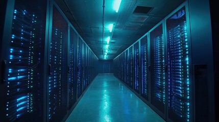 Fototapeta premium Rows of illuminated server racks in a data center.