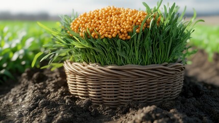 Fototapeta premium A wicker basket filled with fresh green wheatgrass and yellow seeds, set on a field of growing wheat.