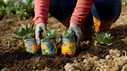 Fototapeta premium Gardener Carefully Plants Succulents in Decorated Cans into Rich Soil Outdoors