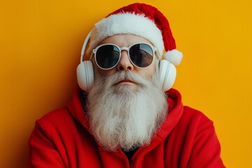 funky crazy santa claus dj in white headset and sunglasses, Yellow background. 