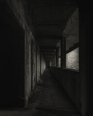 Monte Palace abandoned hotel on Azores island in fog. Moody ambiance. Black and white.