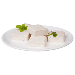 Slices of tofu on a white plate isolated transparent