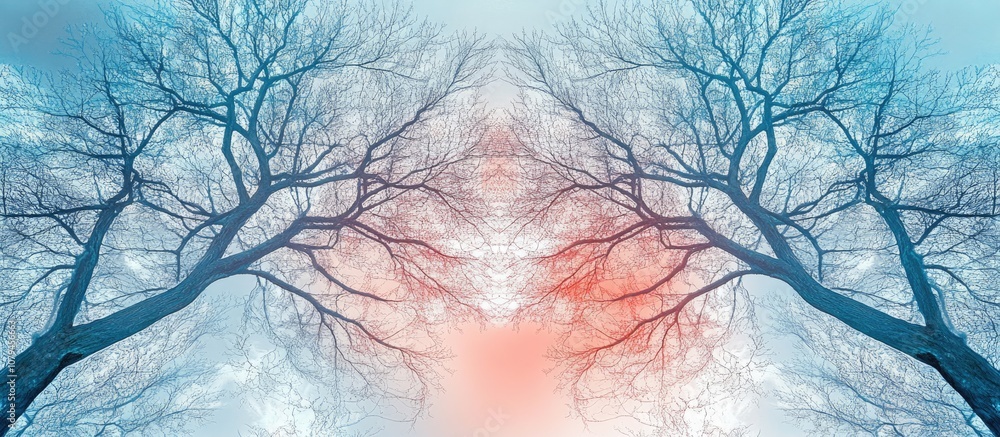 Poster geometric arrangement of winter trees surreal branches abstract style color inversion innovative pho