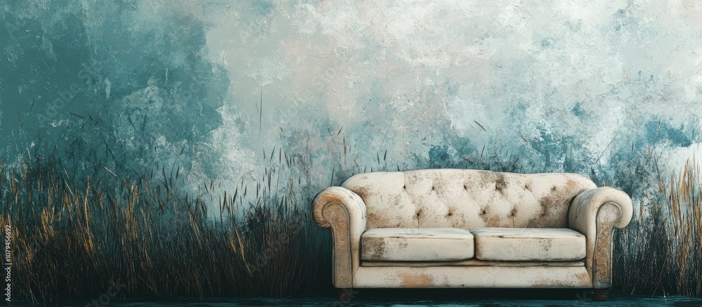 Aufkleber isolated sofa representing themes of solitude and loneliness in a surreal artistic style featuring a