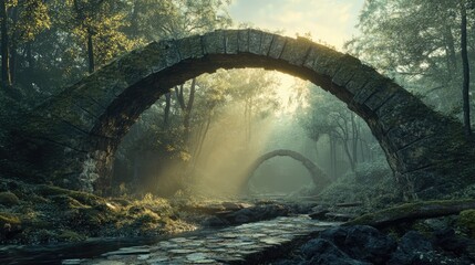 A surreal representation of a distorted arch bridge illuminated by the morning sun