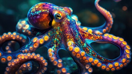 Fototapeta premium Vibrant and colorful octopus against a dark backdrop