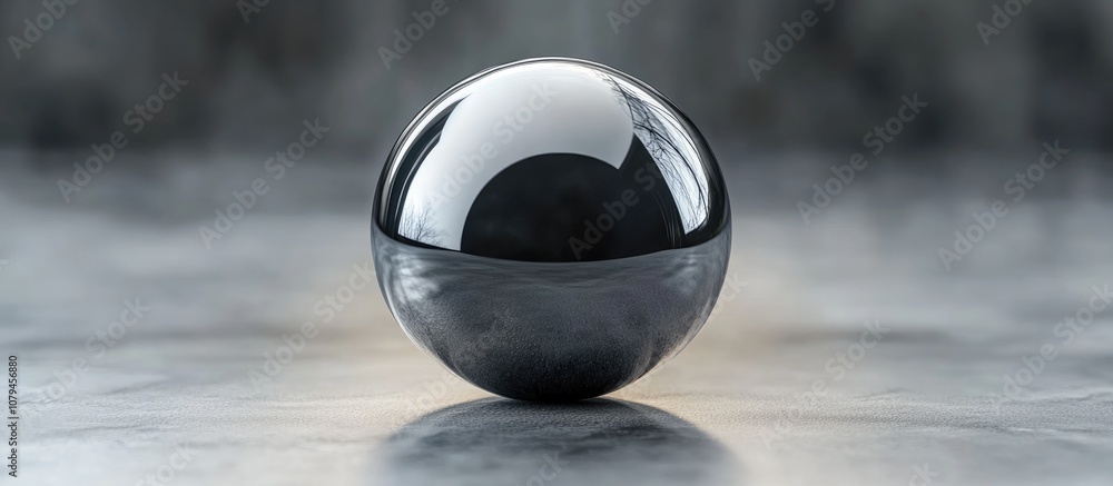 Poster sphere shaped object on a smooth surface highlighting its glossy texture and reflections