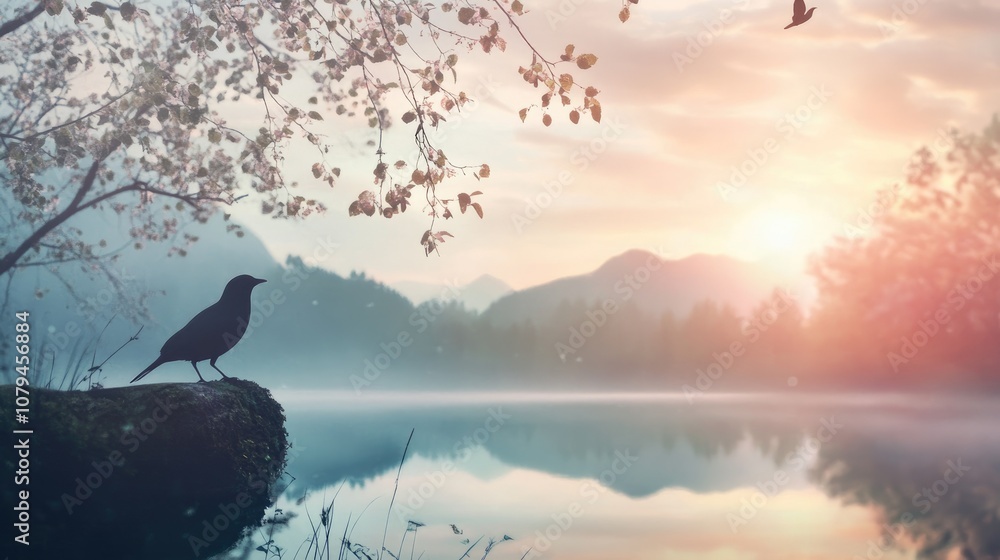 Poster surreal nature backdrop with bird transparency overlays