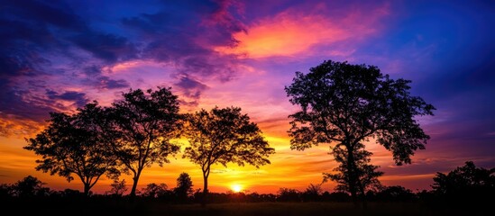 Obraz premium Vibrant sunset over a serene landscape with silhouettes of trees creating a peaceful and picturesque scene