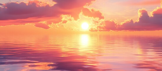 Obraz premium Vibrant sunset over serene waters reflecting hues of orange and pink creating a tranquil atmosphere perfect for relaxation and contemplation