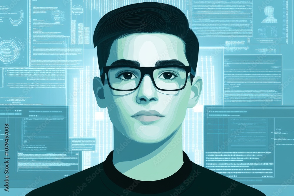 Poster tech-savvy young man surrounded by digital interfaces and code elements