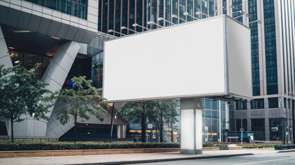 Obraz premium A large white billboard is on a city street. The billboard is empty and the city is in the background