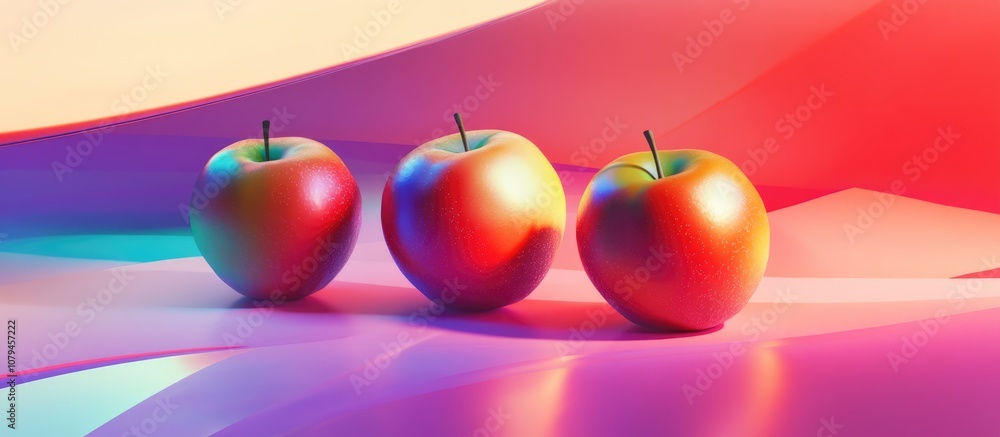 Poster futuristic design featuring three apples in an abstract surreal composition