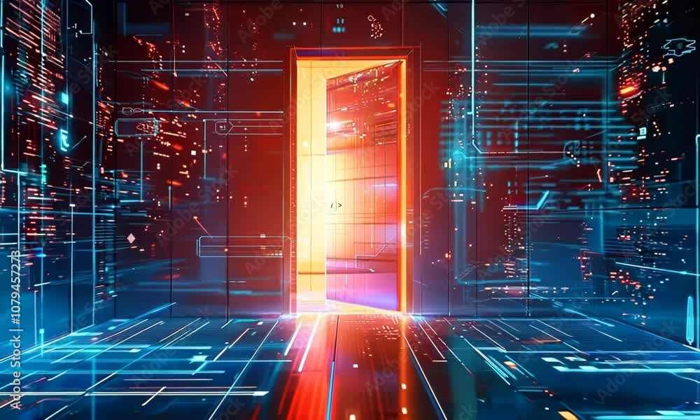 Poster an open door leads to a future filled with glowing tech in a futuristic polygonal style.