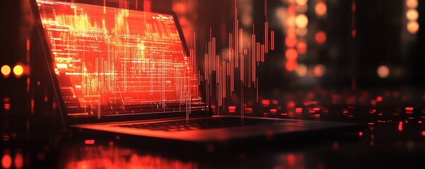 Laptop on desk with falling red candlestick forex chart on blurry background, market crisis and recession theme, double exposure concept, financial downturn