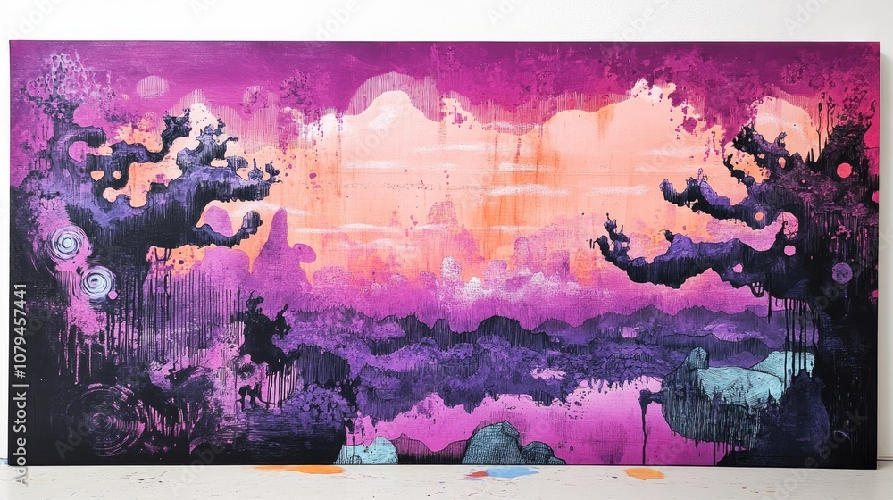 Poster purple canvas artwork featuring an abstract background surreal landscape with hand drawn elements an