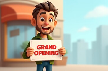 male business owner with Grand Opening sign in front of storefront smiling proudly, cartoon illustration. entrepreneurship, startup