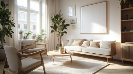 Fototapeta premium Poster und Bilderrahmen Mockup im modernen Wohnzimmer – fotorealistisches 3D-Rendering für Bildplatzierung 