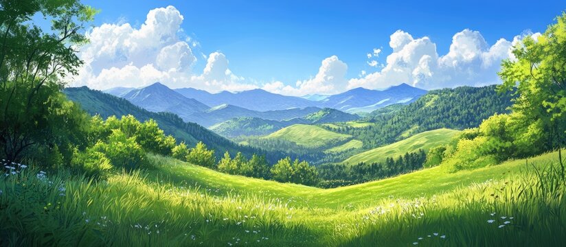 Scenic landscape featuring lush greenery and rolling hills under a clear blue sky A serene environment highlighting nature s beauty