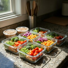 Healthy meal prep containers arranged on a kitchen counter