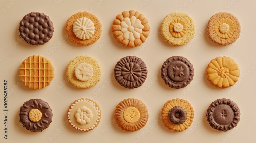 Poster bird s eye view of a collection of circular cookies arranged on a light backdrop