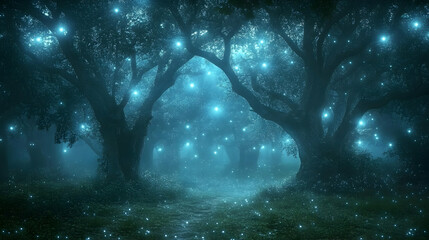 Enchanted Forest Path: Glowing Lights Illuminate Mystical Trees in a Dreamlike Night Scene