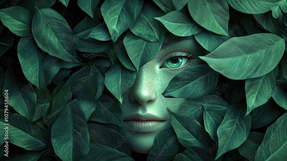 Poster face enveloped in leaf like patterns