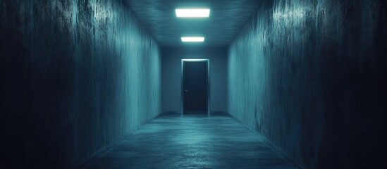 Surreal dreamscape featuring a dark eerie corridor with a door at the end showcasing an abstract architectural design