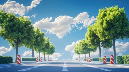 Obraz premium Road with traffic barriers and green trees under a blue sky featuring a surrealistic effect