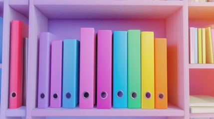 Obraz premium Vibrant folders on a bookshelf arranged in a rainbow pattern alongside an empty office portfolio