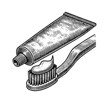 recommend clip art: brush and tooth paste engraving black and white outline