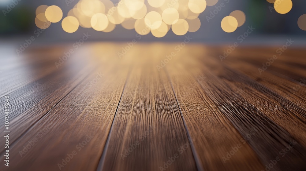 Poster wooden tabletop with a blurred bokeh effect against a dark backdrop high quality image