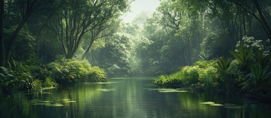 Fototapeta premium Serene landscape featuring lush greenery and a tranquil water body evoking a sense of peace and natural beauty