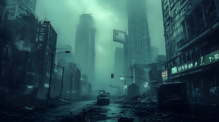 Post-Apocalyptic Cityscape: Desolate Streets and Ruined Buildings in a Foggy, Dark Environment