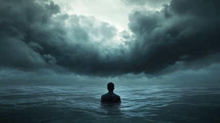 Solitary figure in water beneath a dark cloud filled sky representing themes of depression loneliness and emotional turmoil in a surreal imaginative artwork