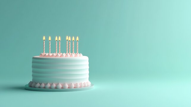 Minimalistic birthday cake with candles on a mint green background featuring space for text ideal for a banner design