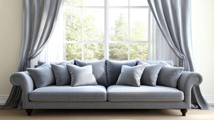 Fototapeta premium Sofa adorned with grey cushions beside a window draped with curtains showcasing a minimalist design in a contemporary living room setting