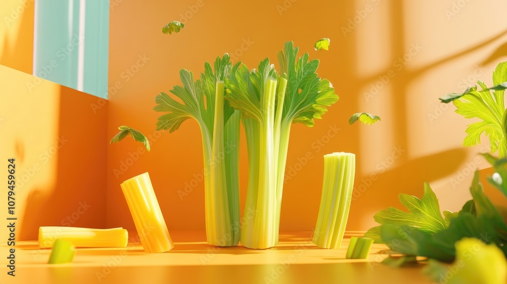 Poster Fresh celery on a vibrant background with ample space for text