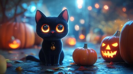Obraz premium Black cat with luminous eyes next to festive pumpkins in a seasonal atmosphere for Halloween celebration