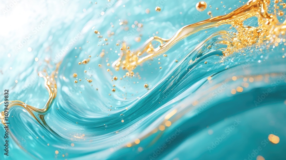 Poster acrylic fluid art featuring abstract turquoise paint waves with dynamic golden splashes creating a m