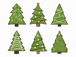 Obraz premium Christmas Tree Doodle Set: A cheerful collection of six hand-drawn Christmas trees, each with unique decorations and styles. Perfect for adding a touch of festive cheer to your projects! 