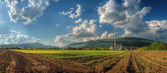 Obraz premium Factory Chimney Rising Above Rural Landscape