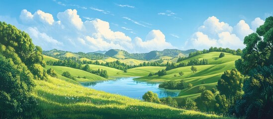 Fototapeta premium Serene landscape featuring rolling hills and a tranquil lake surrounded by lush greenery under a clear blue sky