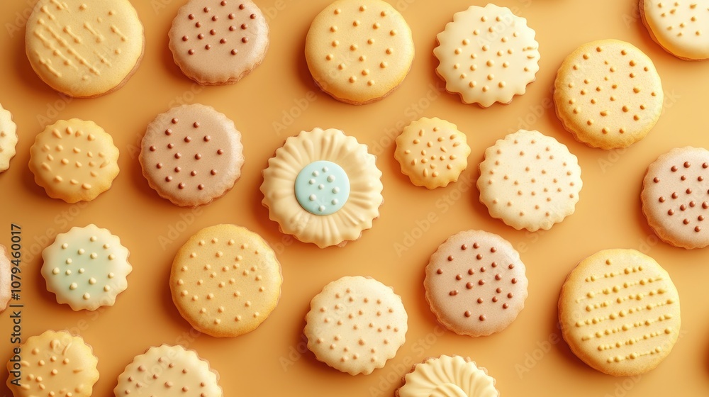 Poster bird s eye view of a collection of circular cookies arranged on a light backdrop