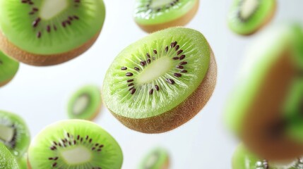 Fototapeta premium Sliced kiwi fruits in midair surrounded by a white backdrop