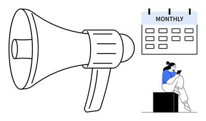 Large megaphone beside monthly calendar, person using smartphone. Ideal for marketing strategies, campaign planning, announcements, scheduling, social media management, digital promotions. Line