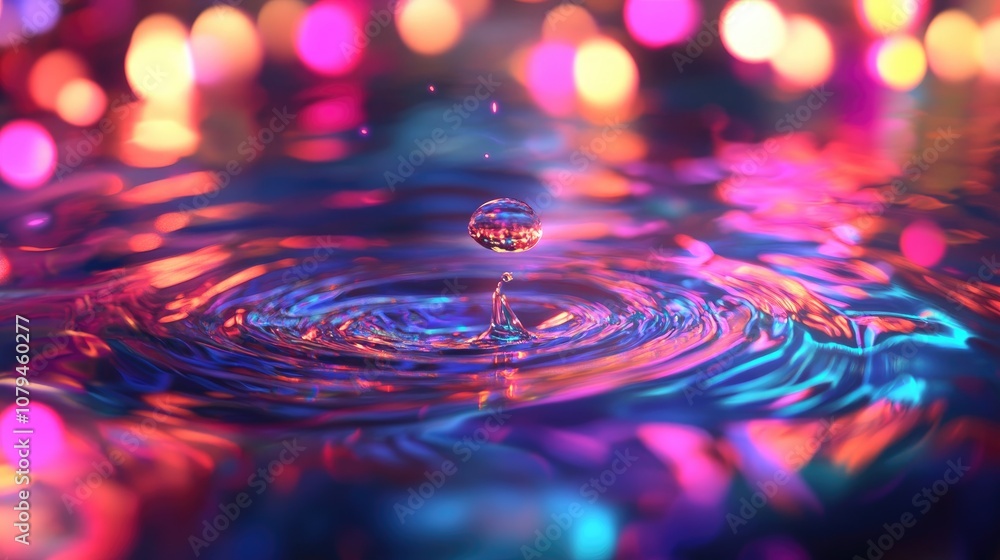 Poster a vivid droplet generates ripples in a water surface mirroring vibrant abstract lights in an enchant