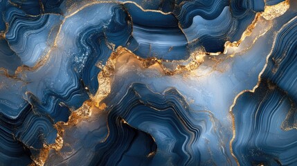 Obraz premium Acrylic fluid art featuring blue sapphire waves and gold accents creating an abstract marble like background or texture