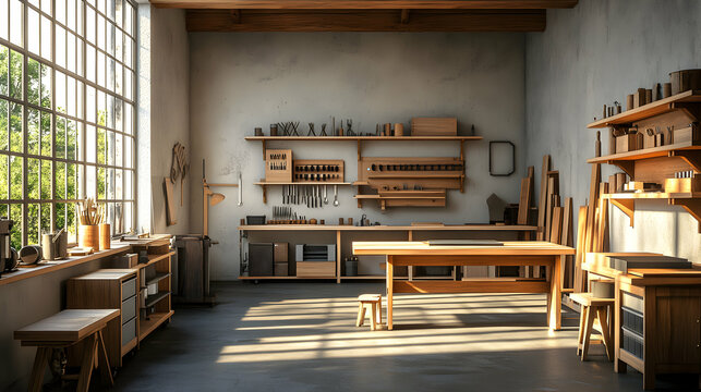 Sunlit Wooden Workshop Interior: A 3D Render of a Craftsman's Studio Filled with Tools and Materials
