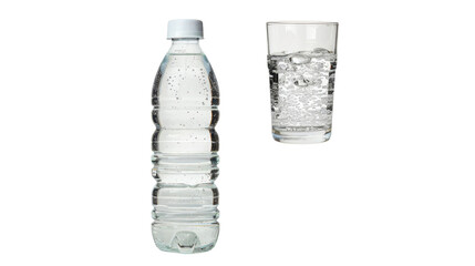 Bottle with water and drinking glass on white transparent background

